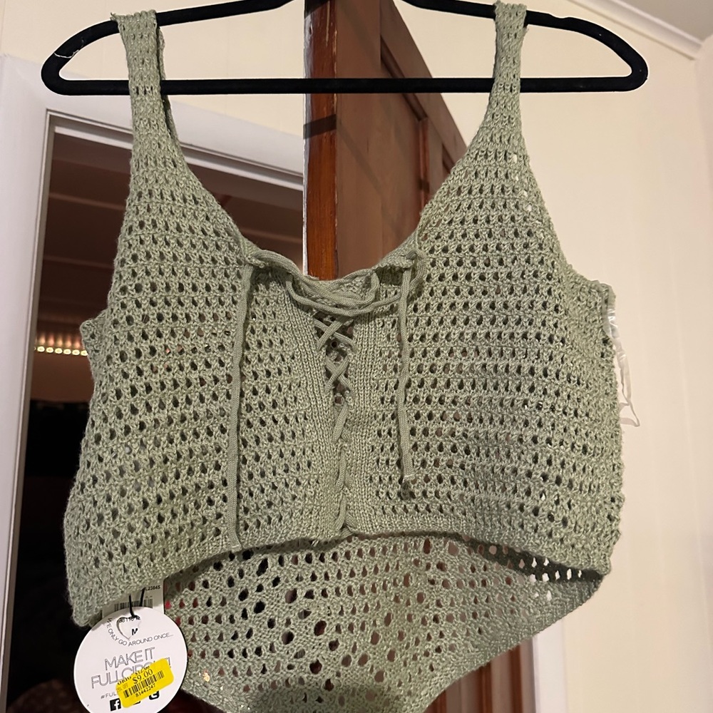 Green Crochet Lace-Up Crop Top